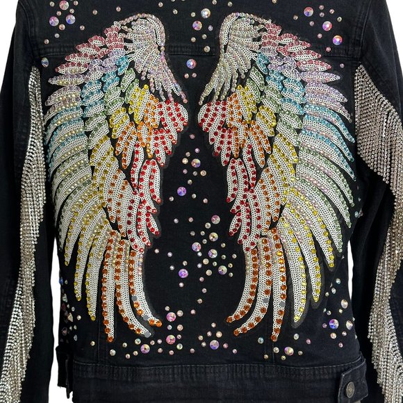 (H-224) Black Stretch Denim Jacket Size S - Picture 3 of 12